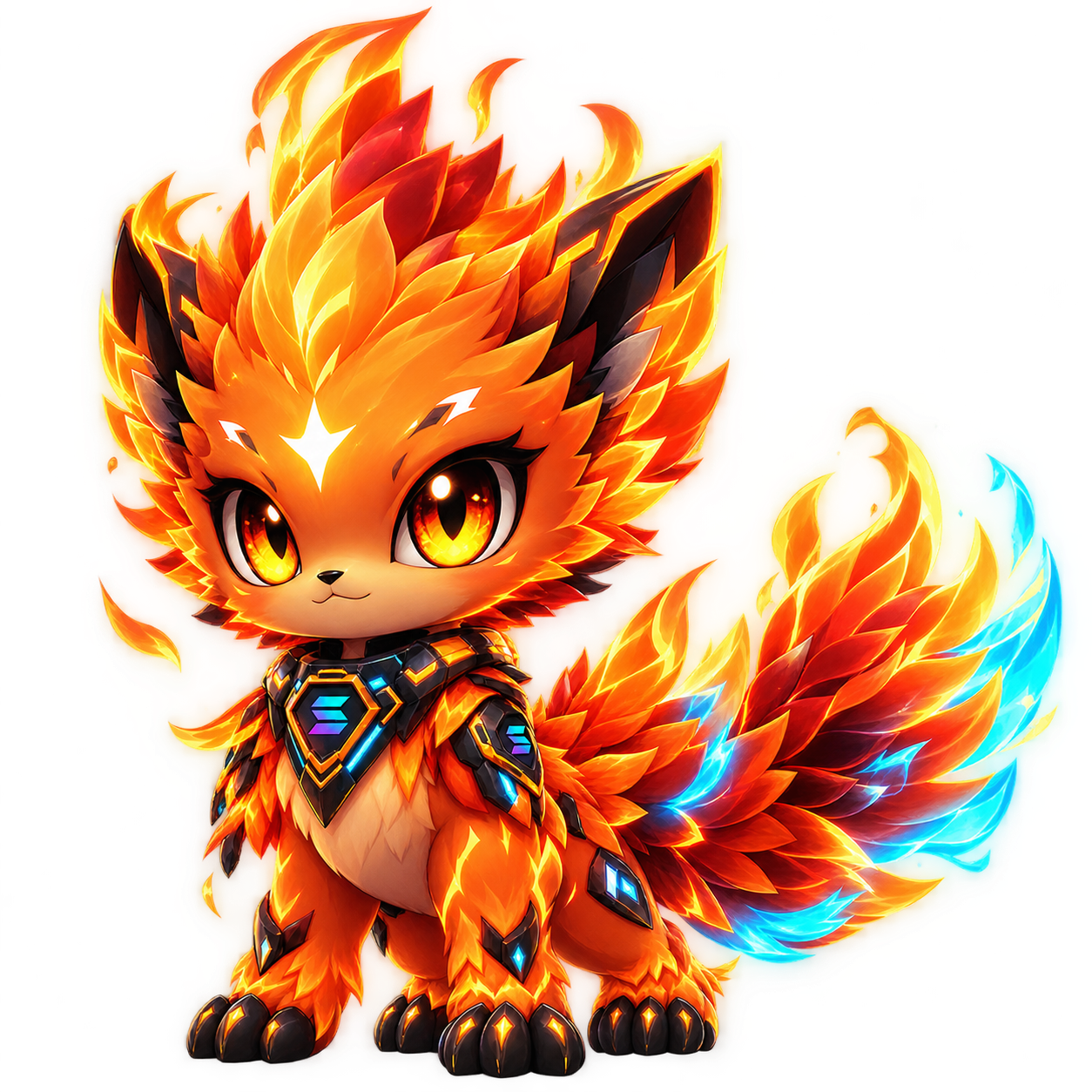 Solflame evoluído: arte oficial com chamas e armadura